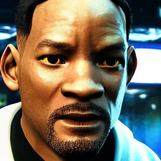 Image similar to a videogame still of Will Smith in Tekken 7, 40mm lens, shallow depth of field, split lighting