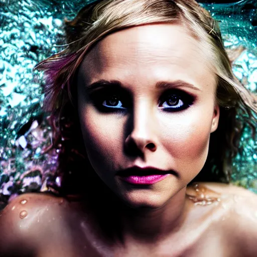 Prompt: Kristen Bell as a mermaid, grungy, unkept hair, glowing eyes, modelsociety, wet from rain, radiant skin, huge anime eyes, bright on black, dramatic, studio lighting, perfect face, intricate, Sony a7R IV, symmetric balance, polarizing filter, Photolab, Lightroom, 4K, Dolby Vision, Photography Award