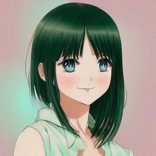 Prompt: A medium shot anime portrait of a happy brunette anime woman, a single short ponytail, parted hair, bare forehead, blue-eyed, blue eyes, big round nose closed lips, with large breasts, wearing a t-shirt, solid green background, by Stanley Artgerm Lau, WLOP, Rossdraws, James Jean, Andrei Riabovitchev, Marc Simonetti, and Sakimi chan, trending on artstation