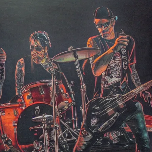 Prompt: punk band on stage at saint vitus, bright lights, oil painting, rule of thirds, 8 k, hyper detailed, dark and gloomy,