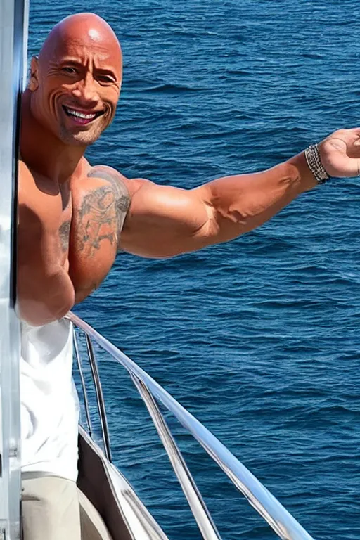 Image similar to dwayne johnson waving to his fans while leaving the united states using a luxurious yacht