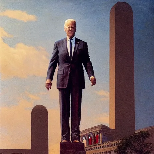 Prompt: immense, majestic, surreal, terrifying joe biden standing triumphant over the national mall, perfectly clear face, by j. c. leyendecker and beksinski