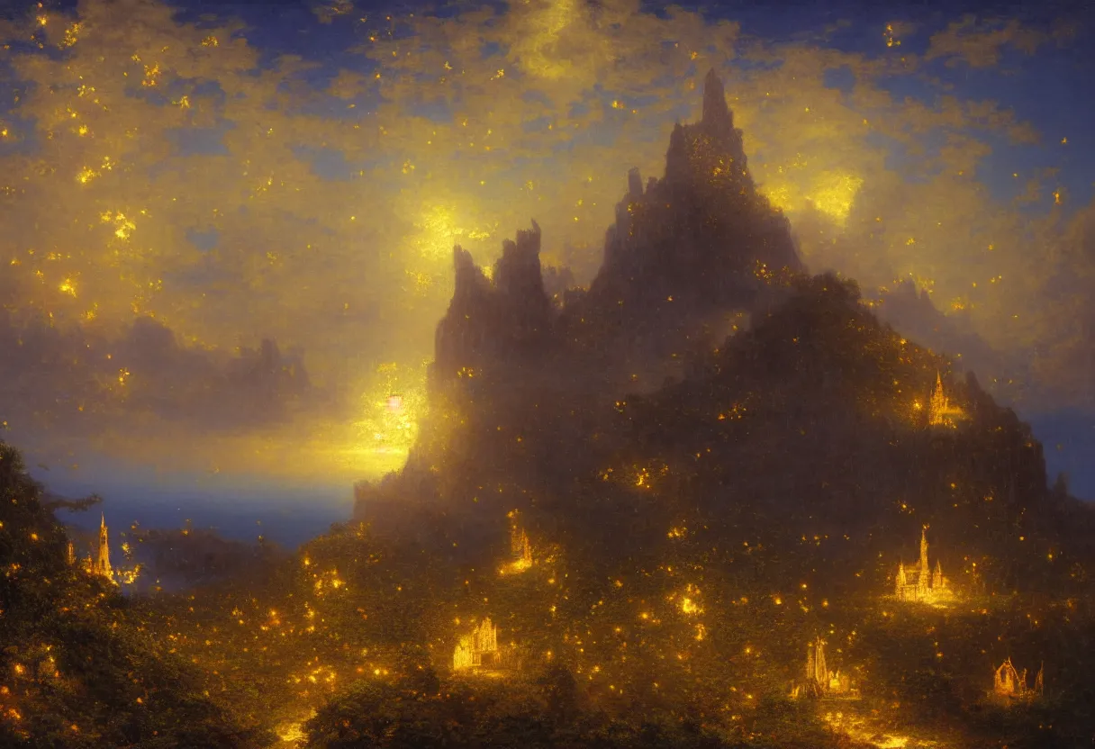 Image similar to a beautiful ultradetailed painting of a single gilded cathedral at the edge of a cliff next to a deep blue sea illuminated by orange fireflies, albert bierstadt, makoto shinkai, 8 k, light effects, trending on artstation