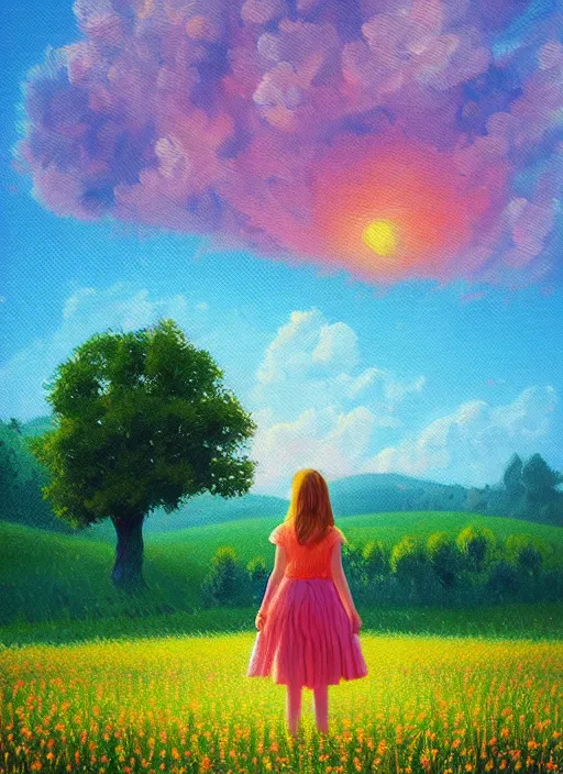 Prompt: girl with flower dress, standing in a field with floating flowers, hills, big trees, sunrise dramatic light, impressionist painting, colorful clouds, digital painting, pointillism, artstation, simon stalenhag