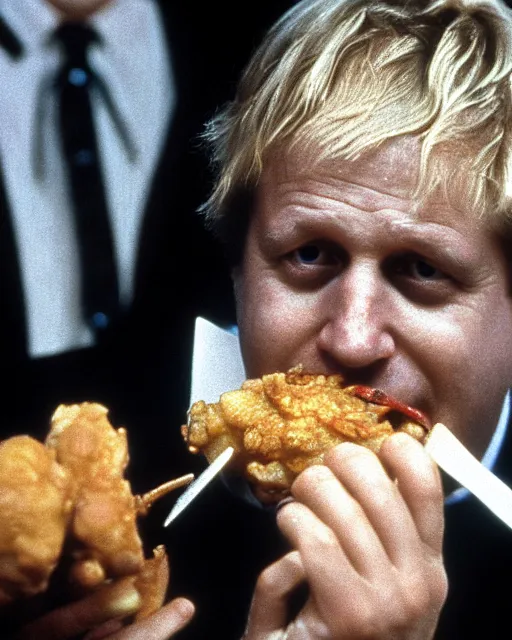 Image similar to film still close - up shot of boris johnson eating fried chicken from the movie monty python's the meaning of life. photographic, photography