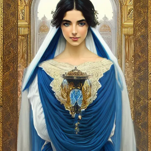 Image similar to ameera al taweel, bright blue eyes, long wavy black hair, white veil, front , highly detailed, digital painting, artstation, concept art, smooth, sharp focus, illustration, ArtStation, art by artgerm and greg rutkowski and alphonse mucha and J. C. Leyendecker and Edmund Blair Leighton