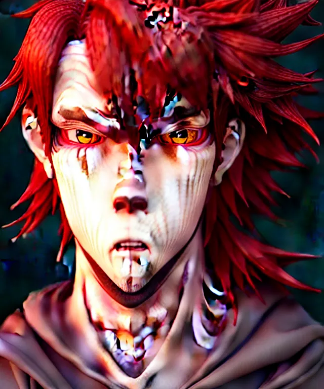 Prompt: award winning portrait of a male anthropomorphic anime black wolf long red hair. artstation, artistic lighting, highly detailed, photorealistic, fantasy