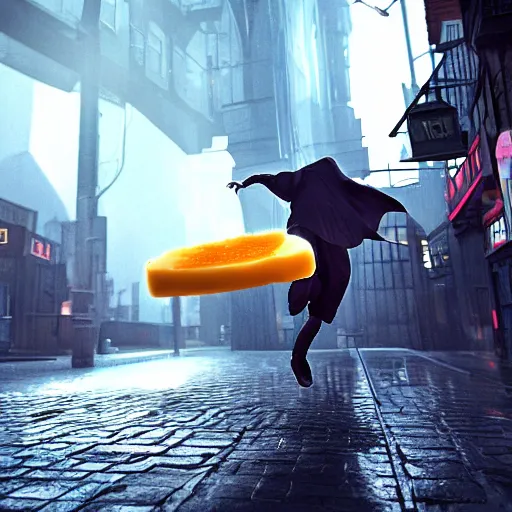 Image similar to harry potter hovering on his magic nimbus through cyberpunk street, raining cheese, photorealistic, cinematic lighting