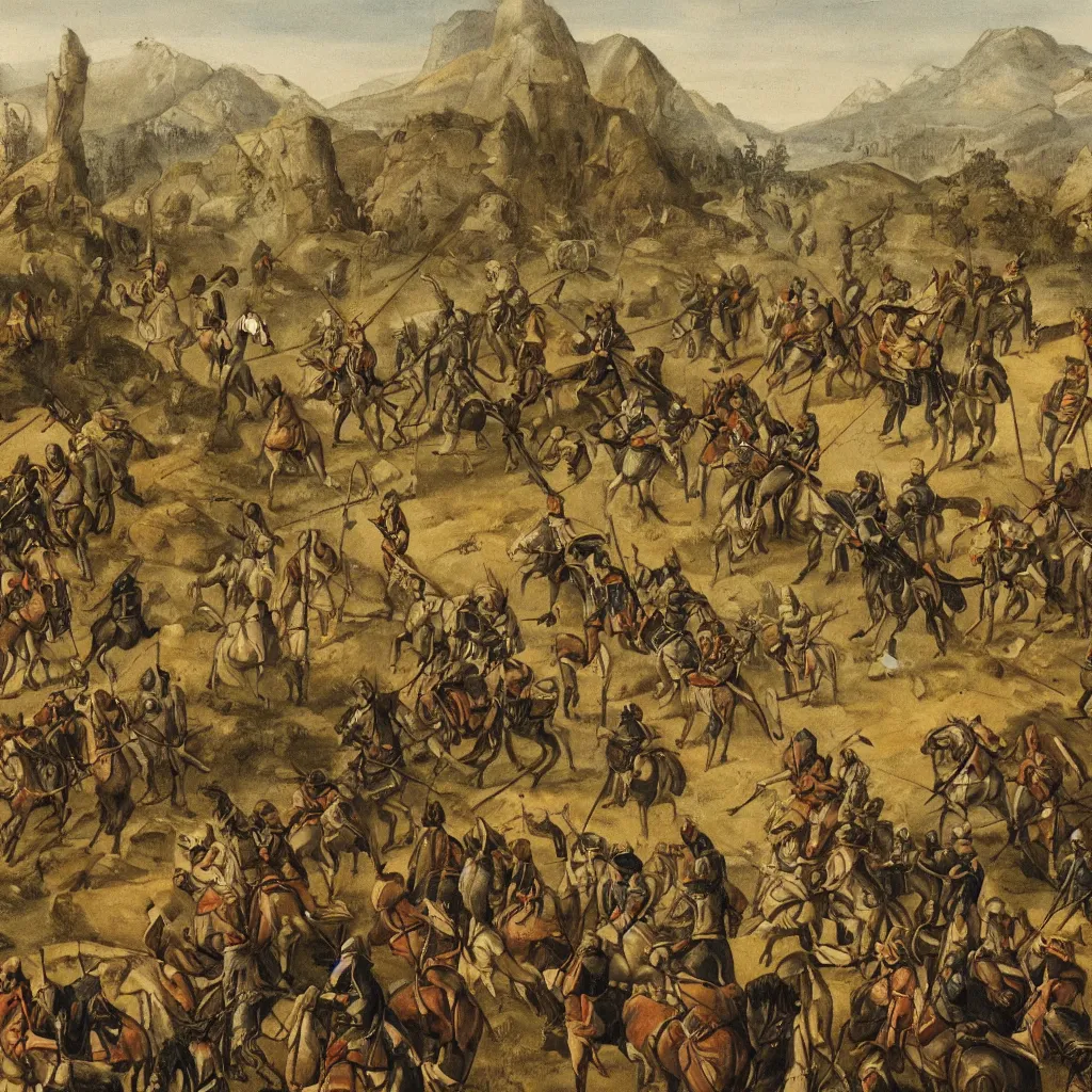 Prompt: A painting of a group of medieval mercenaries riding horses, dull grey forests and mountains in the background, highly detailed illustration