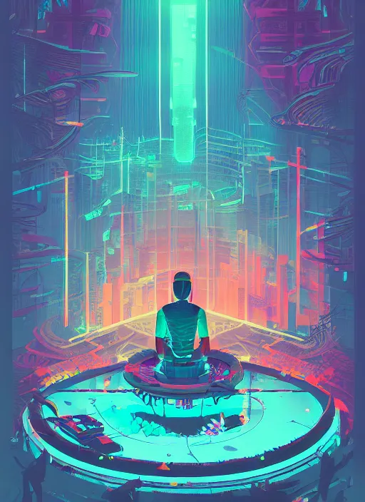 Prompt: a transparent glass indie game poster of a cyberpunk explorer meditating on an ancient platform in the middle of a dense forest, midnight, risograph by josan gonzalez, colourful flat surreal design, in the style of oxenfree, super detailed, a lot of tiny details