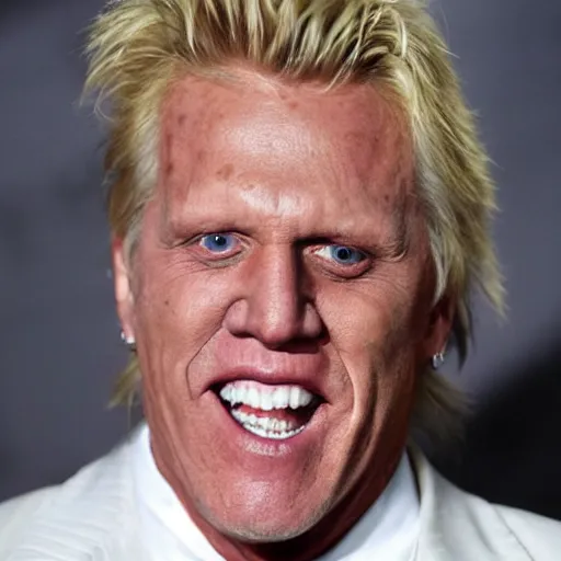 Prompt: gary busey, dirty in his face, wearing a messed up business suit