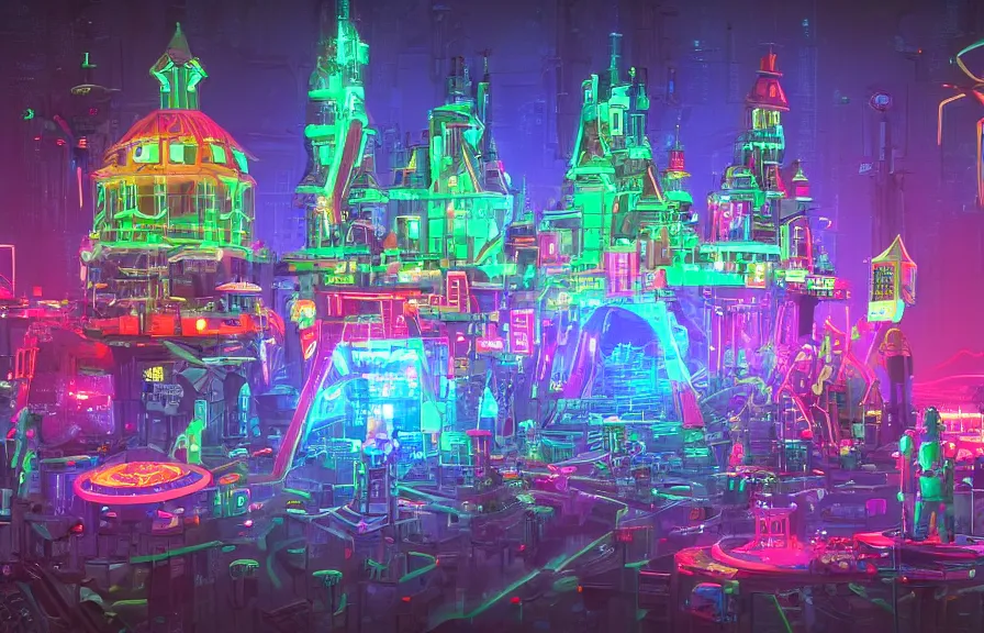 Image similar to a futuristic neon castle, crowded, plastic, nature, robots, digital art.