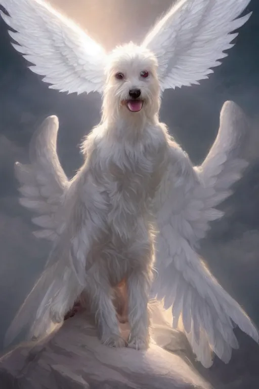 Image similar to a small white dog with angel wings and a halo, highly detailed, d & d, fantasy digital painting, trending on artstation, concept art, sharp focus, illustration, global illumination, ray tracing, realistic shaded, art by artgerm and greg rutkowski and fuji choko and viktoria gavrilenko and hoang lap