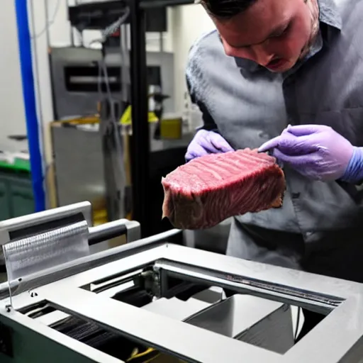 Prompt: 3 d printer printing a steak, in a factory, technician working