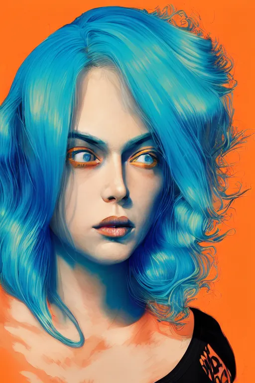 Image similar to a award winning half body portrait of a beautiful caucasian woman in a croptop and cargo pants with ombre orange blue teal hairstyle with head in motion and hair flying by martine johanna and will eisner, outrun, vaporware, digital art, trending on artstation, highly detailed, fine detail, intricate