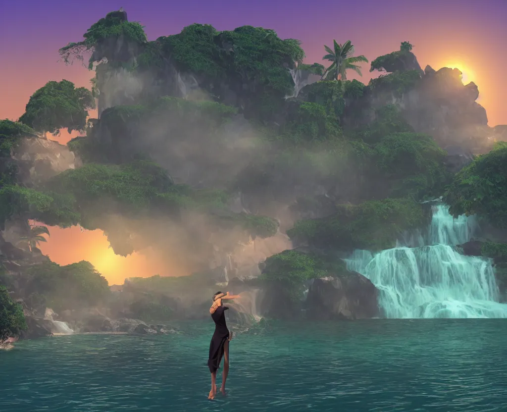 Image similar to a low-poly render of a big purple hand holding the orange setting sun on the ocean horizon. a green tinted transparent beckoning lady in front of a waterfall. a cream colored abandoned building featuring two statues and pitch black periphery. a prehistoric jungle scene with a mountain in the background.