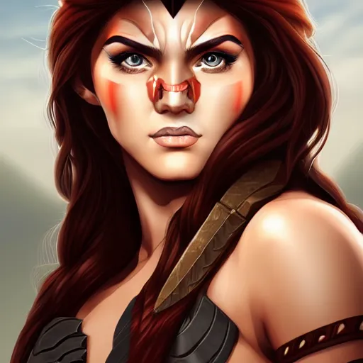 Image similar to head and shoulders portrait of a barbarian, female, by artgerm, behance hd, shutterstock, clean cel shaded vector art illustration,