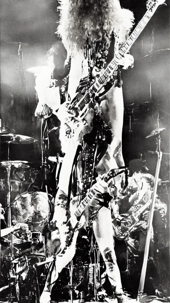 Image similar to Led Zeppelin concert poster circa 1969, Madison Square Garden, colorized, Jimmy Page playing double neck guitar, drum kit, highly detailed