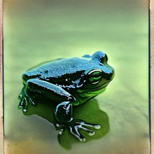 Prompt: semi translucent frog in Jesus Christ pose hovering over misty water, polaroid photography by Andrei Tarkovsky, paranormal, spiritual, mystical