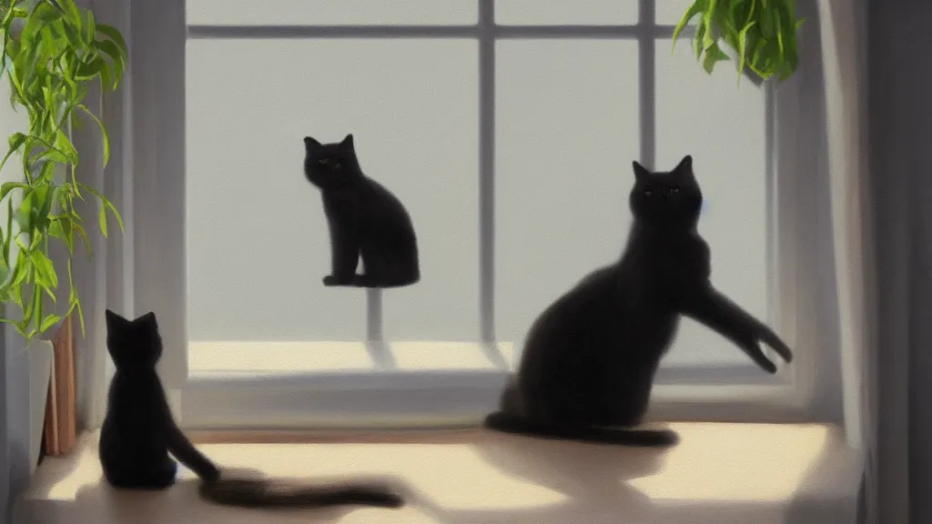 Image similar to peaceful dreamy oil painting of a content black cat sitting by a window and looking outside, sunshine coming through the window, small plants on the window sill, 8k, hyper realism, trending on artstation, octane render