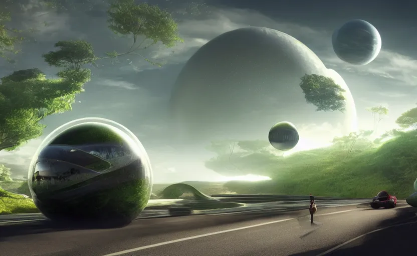 Image similar to a spherical car driving down the road, t - rex and humans dancing in the background, smoky, green hills, many interstellar plants, futuristic concept design, airy landscape, high detail rendering by octane, unreal engine, 8 k, cinematic grade.