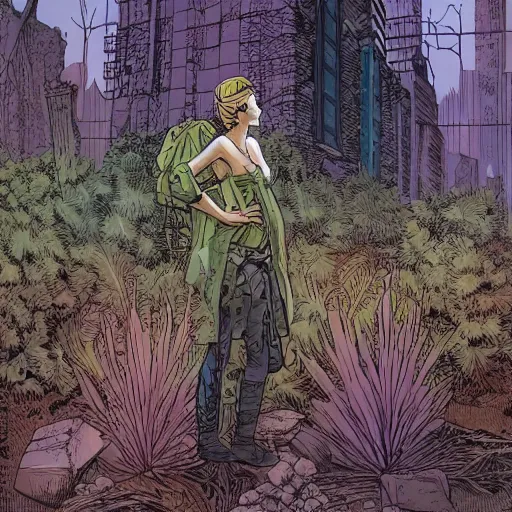 Prompt: ligne claire art of a druid in postapocalyptic city intertwined with nature in the open space, by moebius, bright colors, eisner award - winning spread