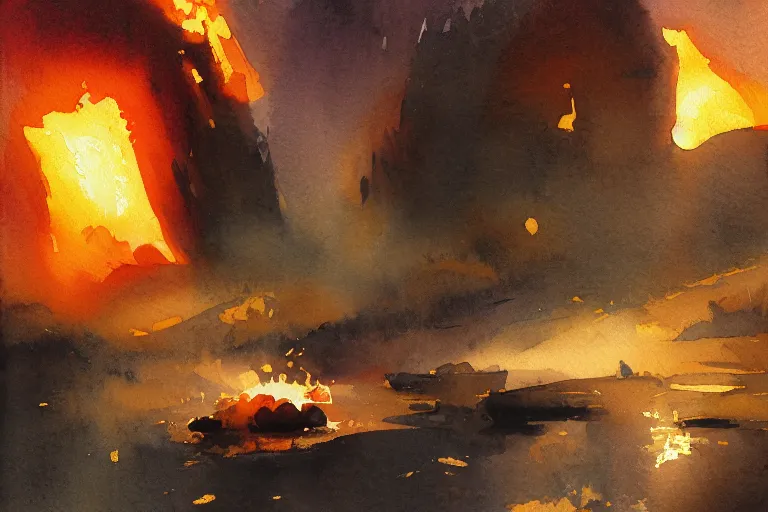 Image similar to small centered on watercolor paper, paint brush strokes, abstract watercolor painting of iron forge, glowing hot metal, molten orange lava, midday sharp light, dust, cinematic light, american romanticism by hans dahl, by jesper ejsing, by anders zorn, by greg rutkowski, by greg manchess, by tyler edlin