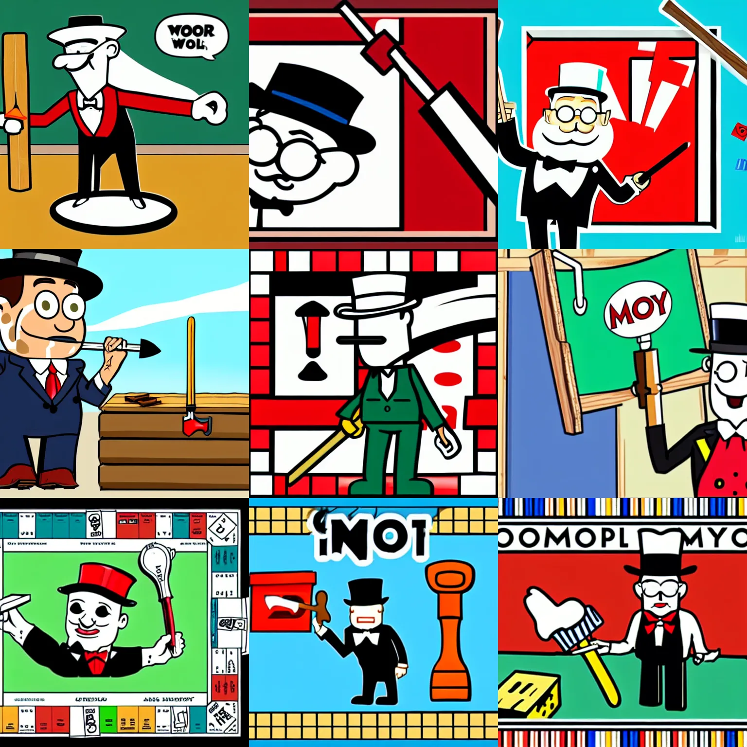 Prompt: illustration monopoly man builds a wooden shed hammer tools cartoon