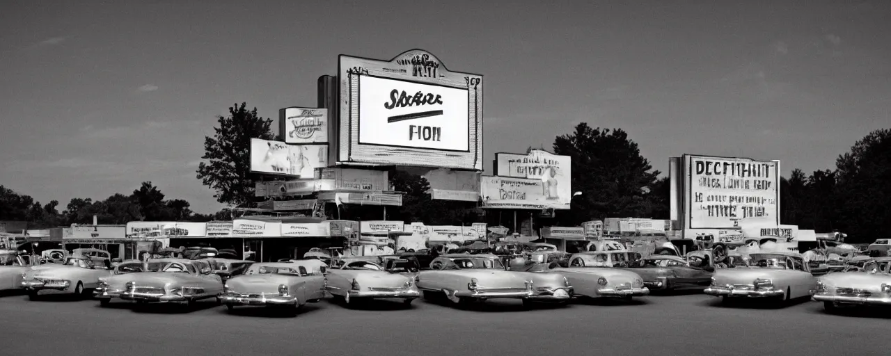 Prompt: 1 9 5 0 s drive in movie theatre, evening, focus on! spaghetti!!!, in the style of michael kenna, kodachrome,