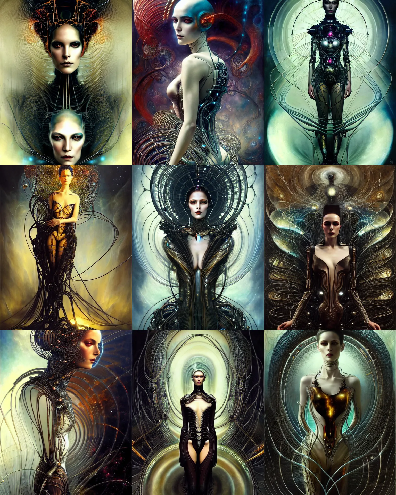 Prompt: karol bak and tom bagshaw and lecouffe - deharme full body character portrait of the borg queen of sentient parasitic flowing ai, floating in a powerful zen state, supermodel, beautiful and ominous, wearing combination of mecha and bodysuit made of wires and fractal ceramic, machinery enveloping nature in the background