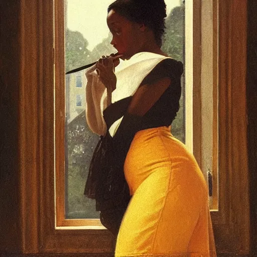 Prompt: a heveanly and depressive renaissance painting of a sad black woman smoking at the window in the style. of norman rockwell, trending on artstation.