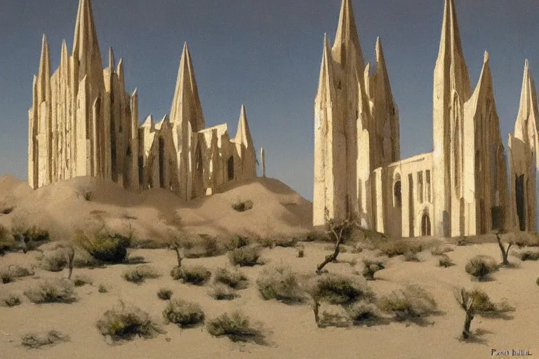 Image similar to landscape hills made of liquid melted wax paper and white brutalist desert gothic cathedral painted by paul gustav fischer