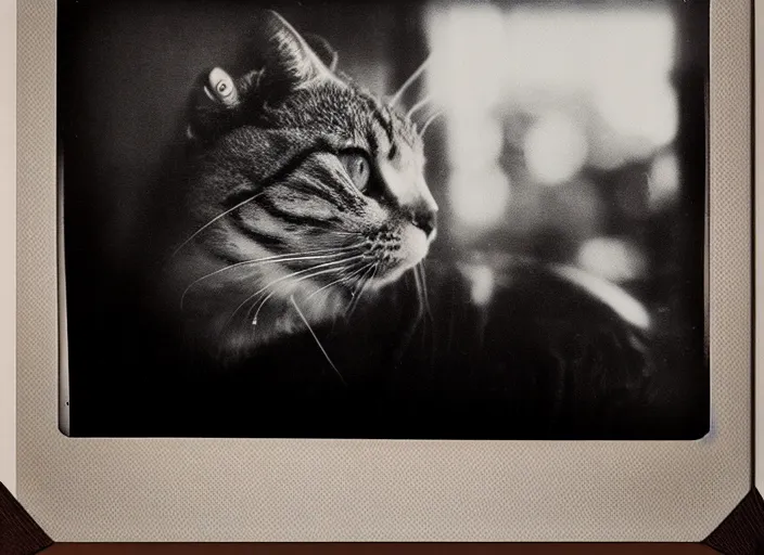 Image similar to photography polaroid of a Jack Cat . watching outside the window. on a bed. in a 70's room full of vinyls and posters, photorealistic, award winning photo, 100mm, sharp, high res