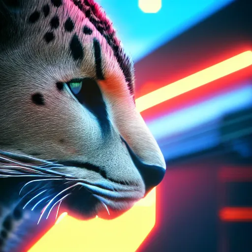 Image similar to closeup profile shot of a neon electric cheetah, city lights, strong bokeh, dramatic, cinematic, high contrast, cgsociety, artstation, 4k