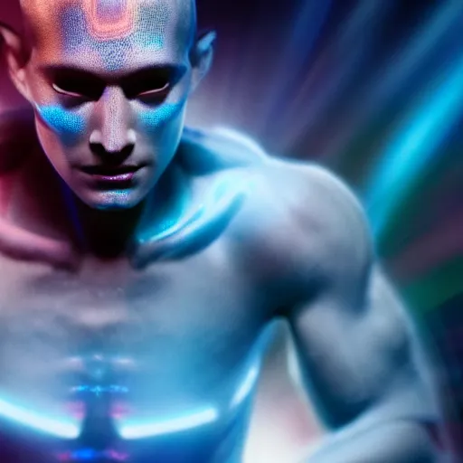 Image similar to a beautiful athletic male god alien with holographic skin, blockbuster movie still, cinematic, beautiful, 8 k