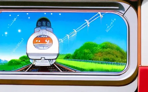 Prompt: a train with outer space visible through the window, art by hayao miyazaki, studio ghibli film, hi res, 4k, high detail