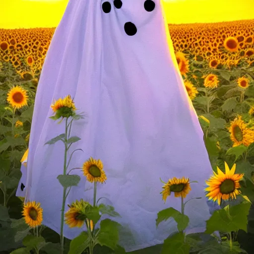 Image similar to Bedsheet Ghost in a field of sunflowers, sunset, Watercolor, photorealistic, high resolution, award winning, trending on artstation