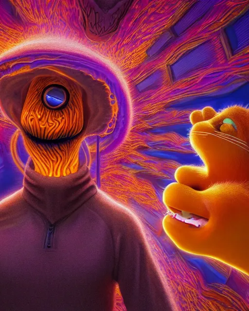 Prompt: portrait ultra dimensional garfield entity, accidentally tripping on dmt and acid, psychedelic experience, overwhelming psychosis of self realization and burning awakening, ultra high definition, unreal engine 5, hyperrealism, masterpiece composition, by casey weldon, barclay shaw 8 k photorealistic