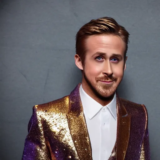 Image similar to Ryan Gosling with silver-violet hair, white eyes inflated press and golden glittery dress, wide lens, diorama, 4k,