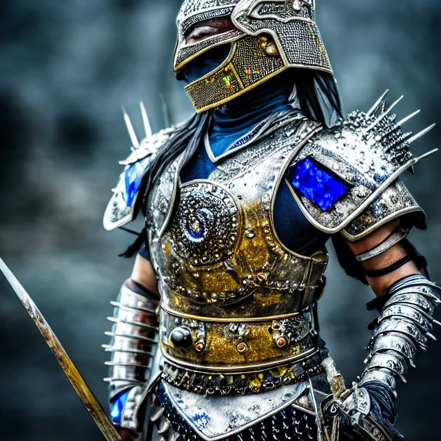 Prompt: photo of a warrior with sapphire encrusted armour highly detailed 8 k hdr smooth sharp focus high resolution award - winning photo dslr 5 0 mm