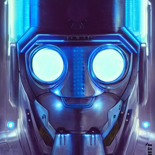 Image similar to robot with glowing blue visor as a realistic scifi cyberpunk knight, closeup portrait art by donato giancola and greg rutkowski, realistic face, digital art, trending on artstation, symmetry!!!