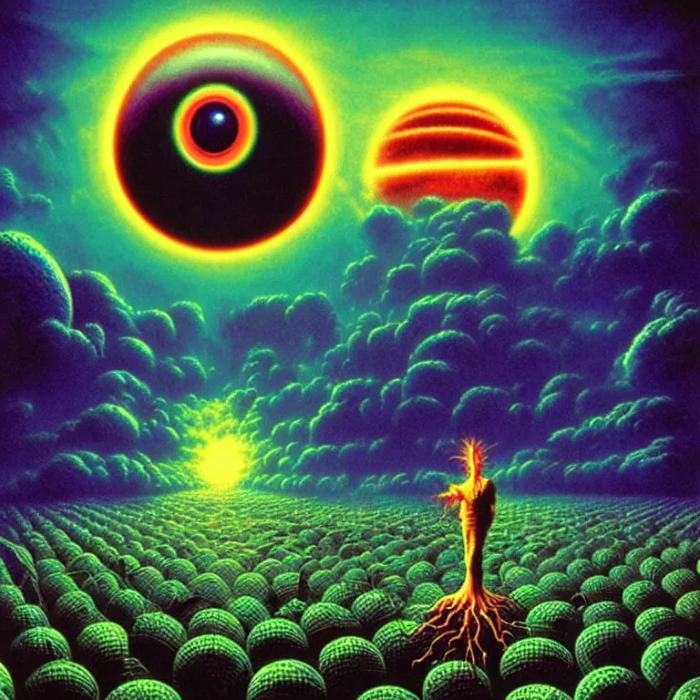 Image similar to eyeball in palm over glowing fields of infinite quantum ghosts, synthwave, bright neon colors, highly detailed, cinematic, tim white, vladimir kush, philippe druillet, roger dean, bob eggleton, michael whelan, boris vallejo, alfred kelsner, kubrick, jaroslaw jasnikowski