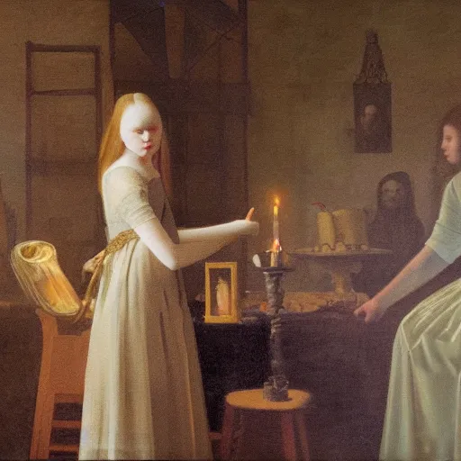 Image similar to a painting of Elle Fanning at a seance surrounded by ghosts, by Johannes Vermeer
