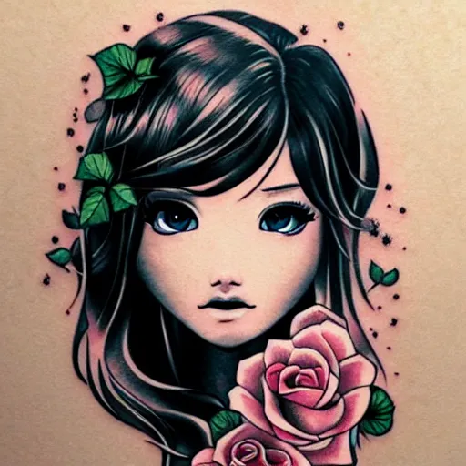 Image similar to tattoo design, stencil, beautiful japanese girls face, roses and ivy surrounding by artgerm, artgerm, cat girl, anime