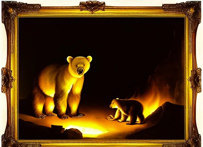 Prompt: Pieter Claesz's 'bear and cub in a dark cave lit by the flame of a fire', night time, watercolour, backlit, beautiful wooden frame, the colours of the sunset, vibrant
