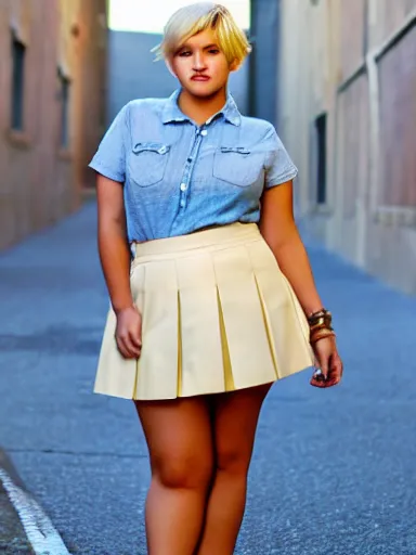 Prompt: a high resolution photo of a cute, plump, chubby, blond, teenage model with short hair wearing a short, pleated skirt. trendy clothes. teen vogue.