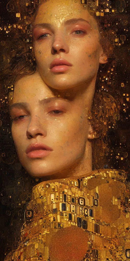 Image similar to an intricate portrait painting of an artistic pose young beautiful lady covered in klimt golden motives and textures, hyper - detailed, octane render, vivid colors, artstation, by jeremy mann, by gustav klimt