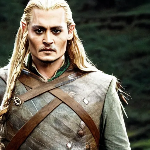 Prompt: stunning awe inspiring johnny depp as legolas in the lord of the rings, movie still 8 k hdr atmospheric lighting