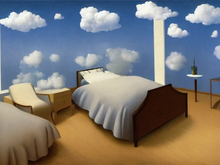 Prompt: room with cloud wallpapers, painting by rene magritte, centered, high detail, high resolution