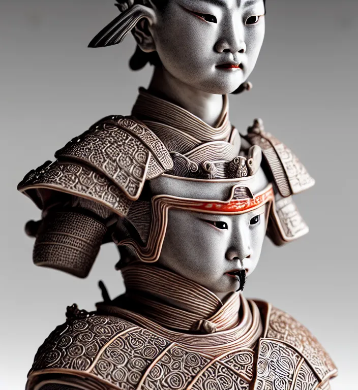 Image similar to Samurai, A Close up photo-real delicate ceramic porcelain sculpture of a symmetrical ornate detailed in front of an intricate background by Victo Ngai and takato yamamoto, micro detail, backlit lighting, face in focus, subsurface scattering, translucent, thin porcelain, octane renderer, colorful, physically based rendering, japanese pottery, trending on cgsociety